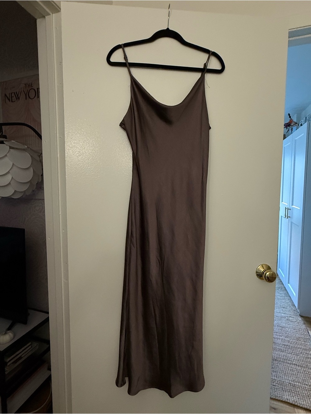 OAK + FORT Brown Satin Slip Maxi Dress